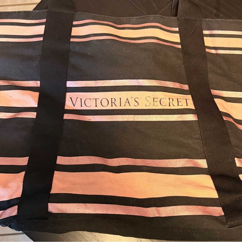 Victoria's Secret Black and Pink Striped Tote